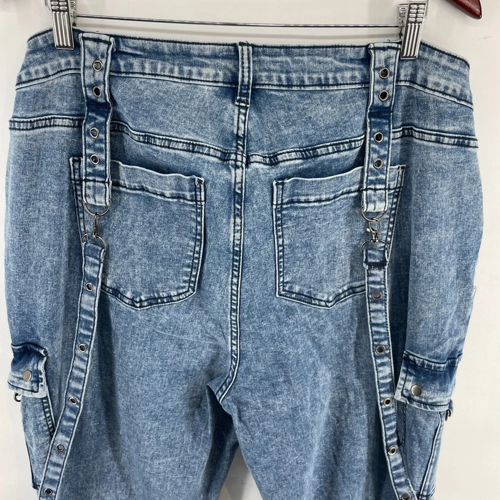 Social Collision Jeans Women Sz 20 Acid Wash Moto Suspender Flare Low‎ Rise 38